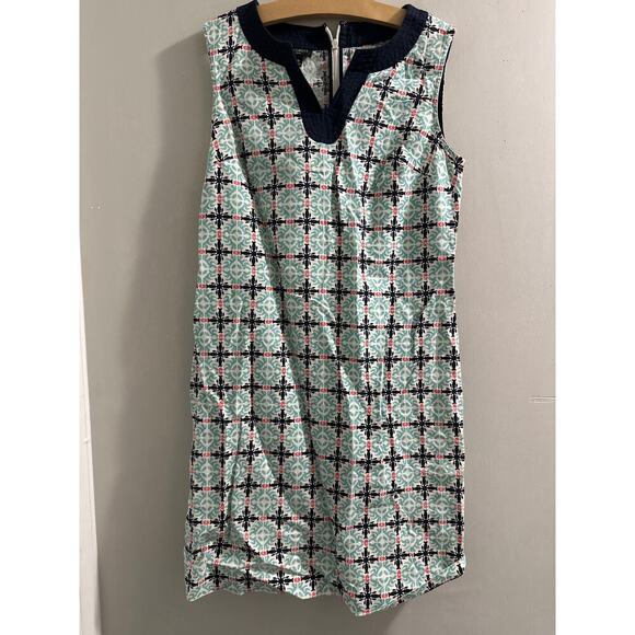 🔴Talbots Linen Teal Blue Geometric Print Shift Dress‎ Size 4P Petite - Picture 1 of 7